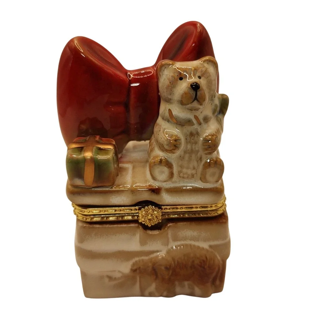 Vintage Porcelain‎ Trinket Box Hinged with Teddy Bear Elephant Red Bow Four Inch